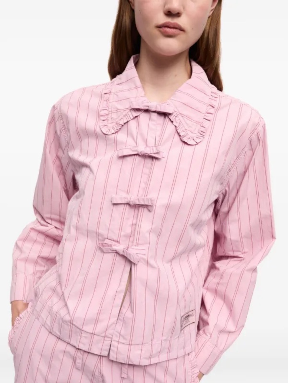 Ganni Lilac Striped Ruffle-Collar Tie Front Top